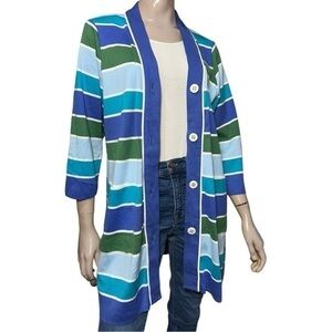 Neiman Marcus Exclusive NWT Women’s XL Blue Green Striped Cotton Button Cardigan